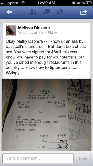 Illustration for article titled Baseball Blogger/Waitress Claims Melky Cabrera Left Her A Shitty Tip